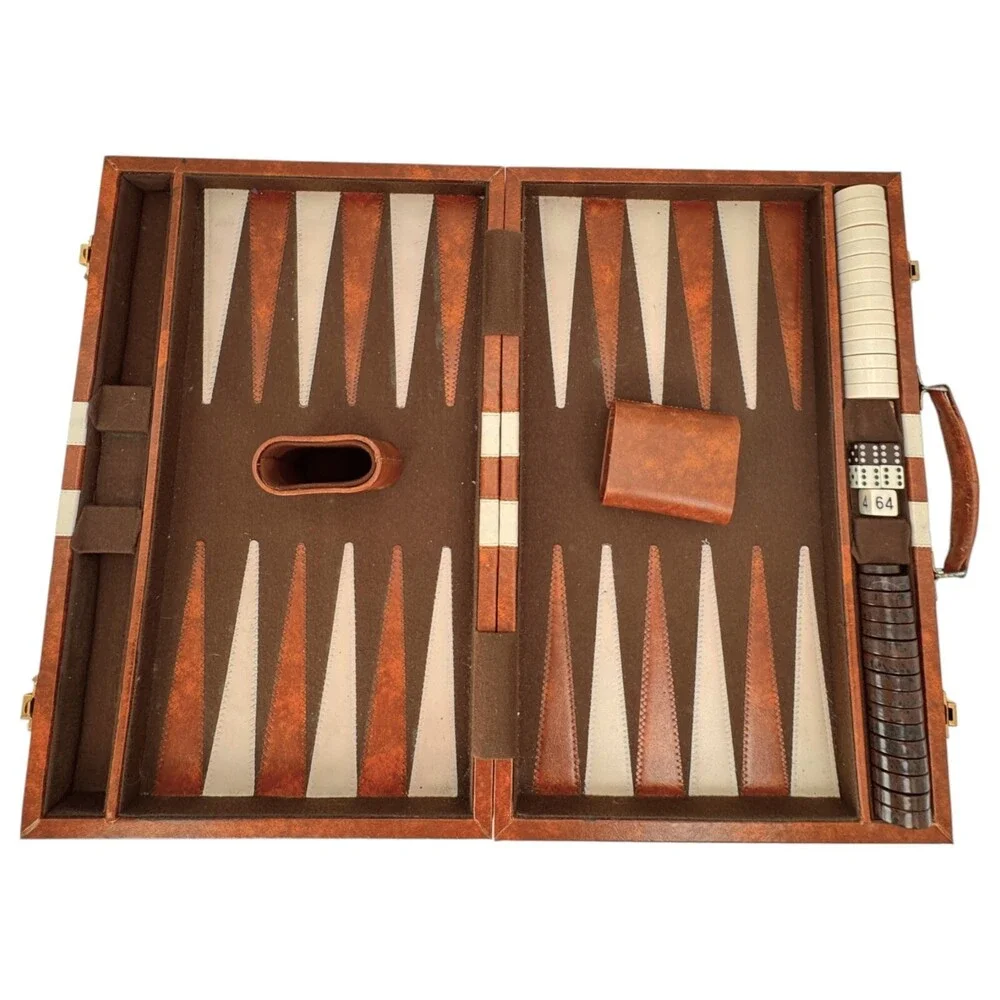 Extra Large Backgammon Game Set Brown White Checkers Leatherette Case Complete - Picture 3 of 9